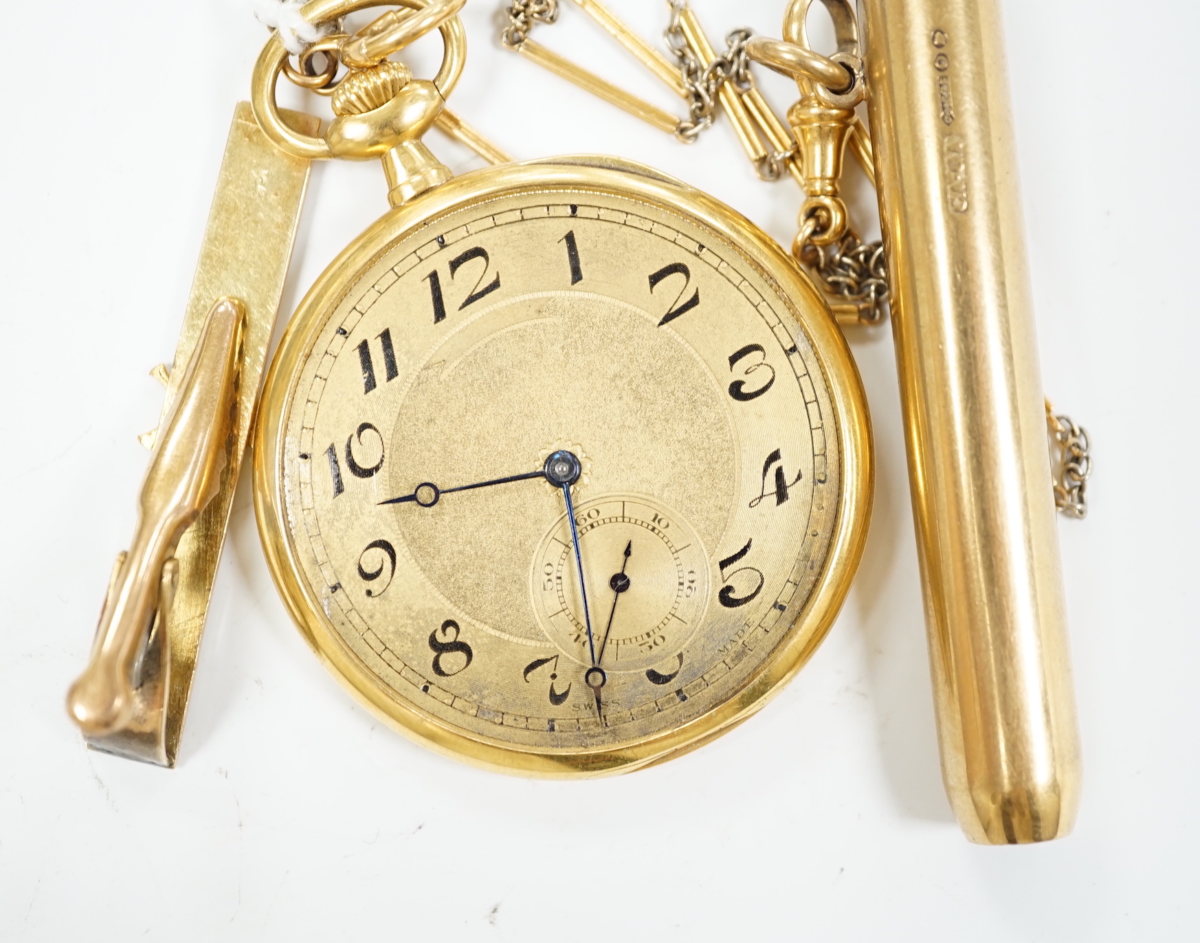 An 18k Longines keyless dress pocket watch, lacking glass, with Arabic dial and subsidiary seconds, on an 18ct albert, 40cm, gross weight 61.7 grams, hung with an 9ct gold cased pencil holder, with cabochon set terminal,